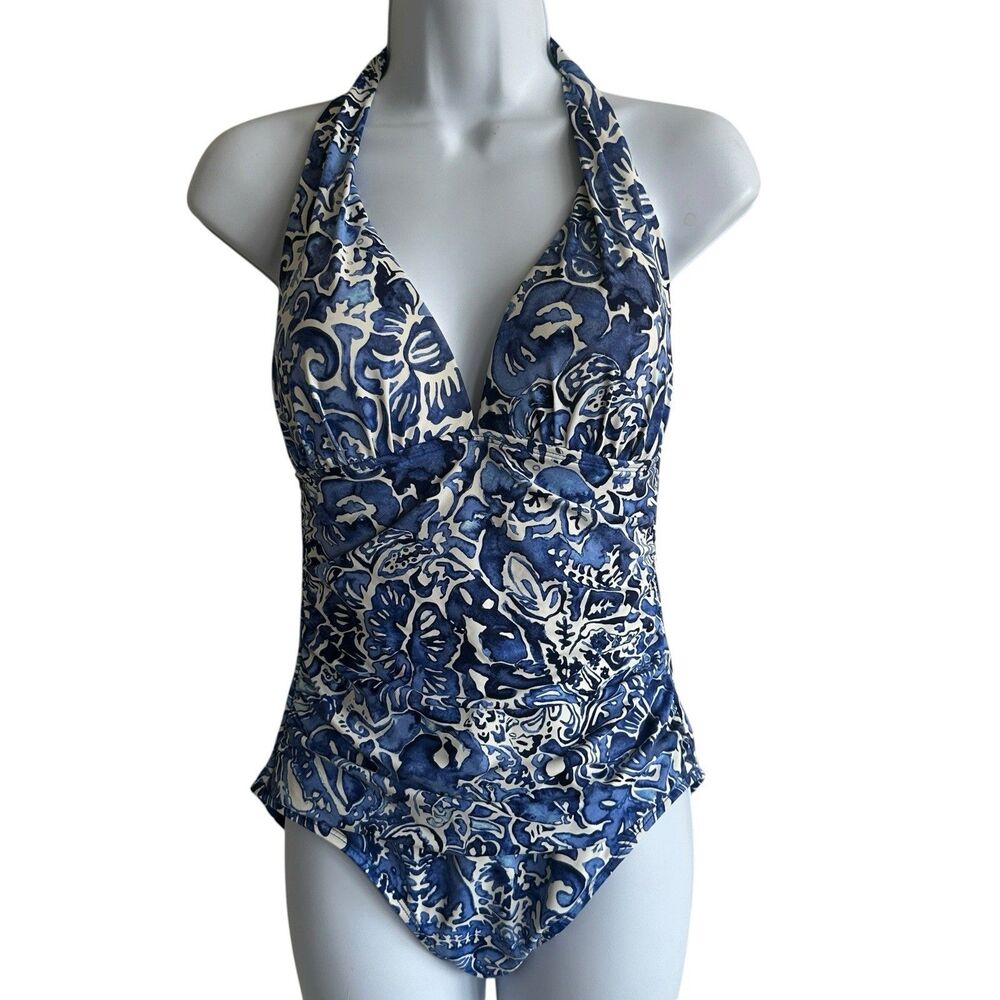 Lauren Ralph Lauren Swimsuit Sz 6 One Piece Tropic Floral Halter Blue & White